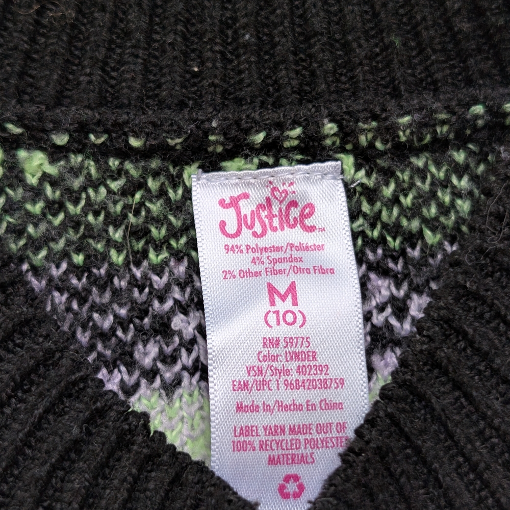 Justice Girls Kids Purple Green Black Retro Floral Fair Isle Patterned Sweater - Picture 4 of 10